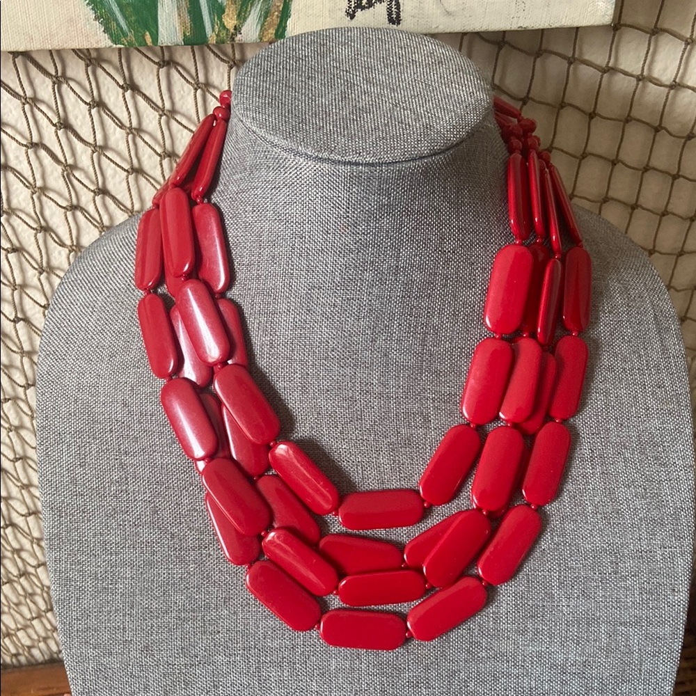 Vintage 80s 4 Strand Red Acrylic Beaded Necklace